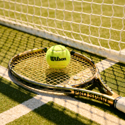 Wilson Pro Staff网球拍与网球在球场上的摆拍